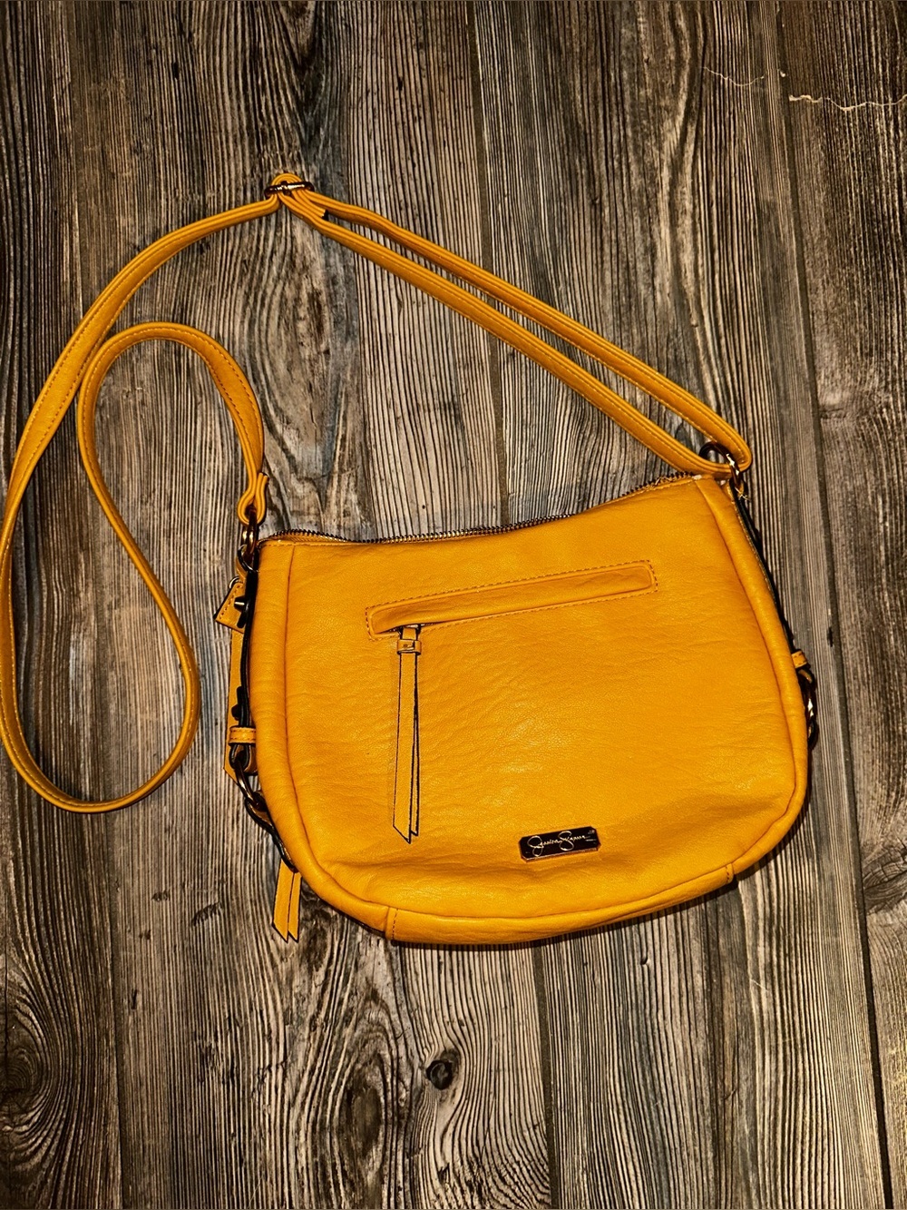 Jessica Simpson Honey Gold Yellow Leather Crossbody Bag with Logo Plate Purse